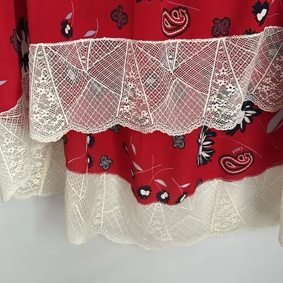 Zadig & Voltaire Joslin Daisy Red Silk Floral Skirt Size 40EU/8US Lace Trim Boho - Picture 5 of 13
